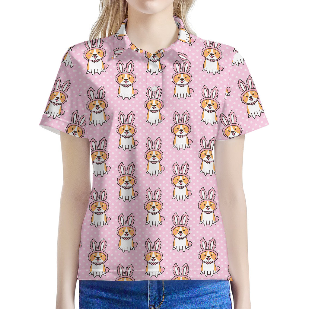 Bunny Corgi Pattern Print Women's Polo Shirt