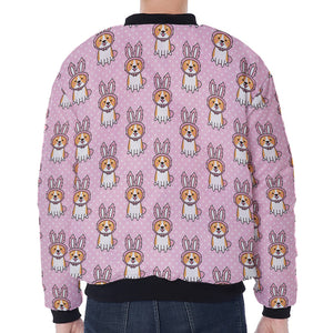 Bunny Corgi Pattern Print Zip Sleeve Bomber Jacket