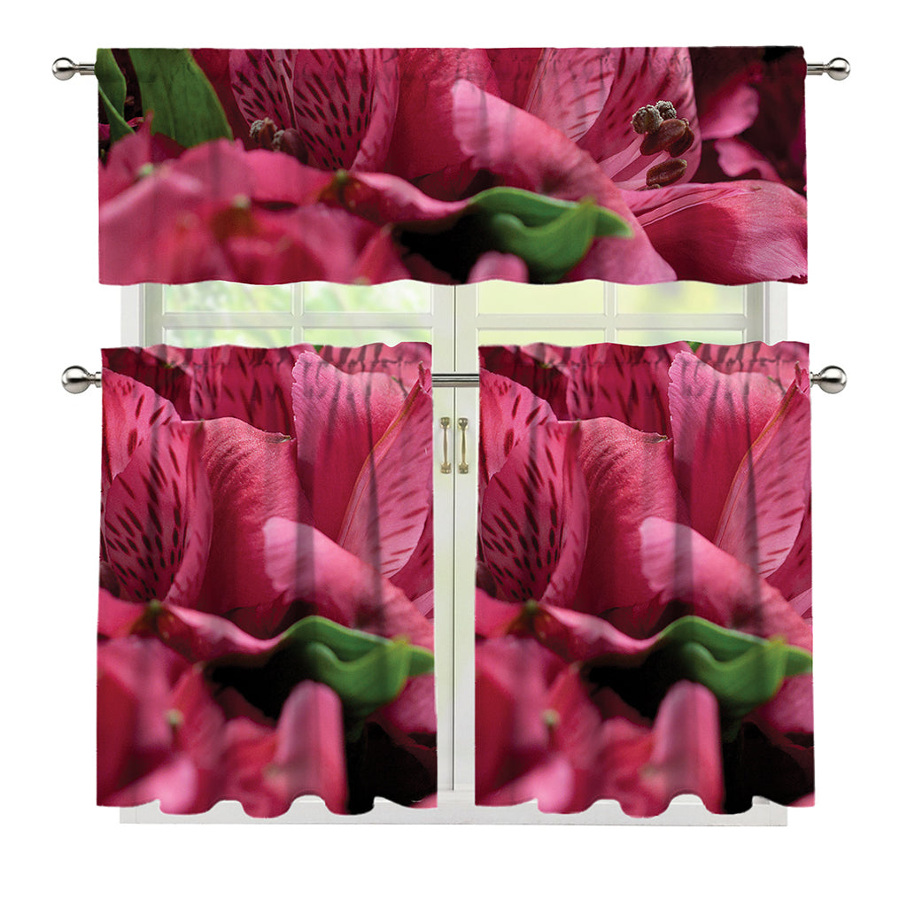 Burgundy Alstroemeria Print 3 Piece Kitchen Curtains