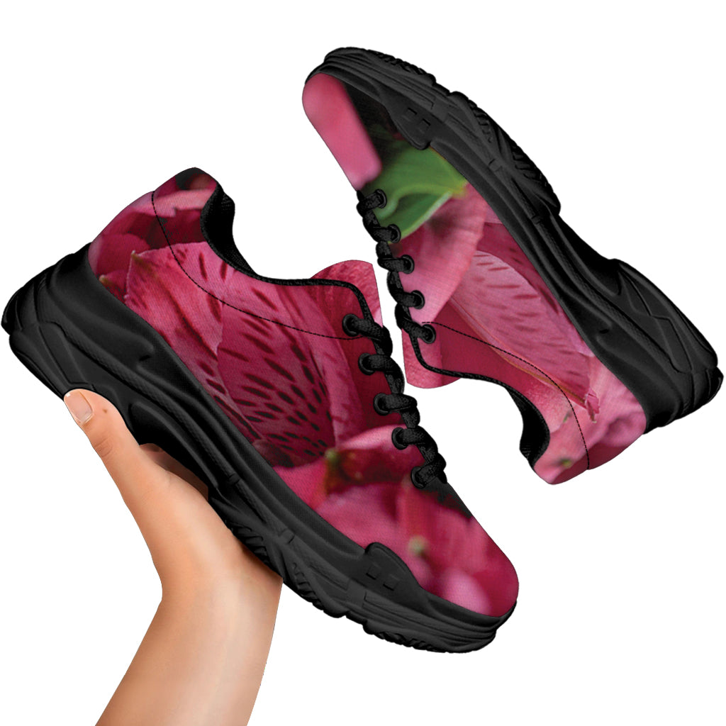 Burgundy Alstroemeria Print Black Chunky Shoes