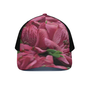 Burgundy Alstroemeria Print Black Mesh Trucker Cap