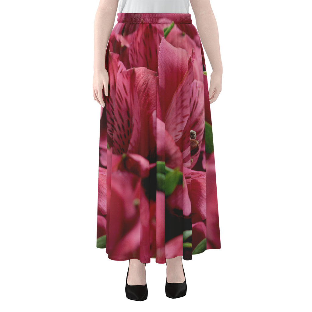 Burgundy Alstroemeria Print Chiffon Maxi Skirt