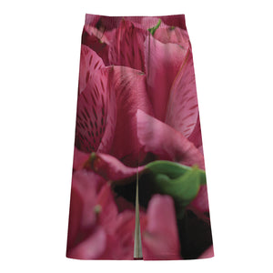 Burgundy Alstroemeria Print Cotton Front Slit Maxi Skirt