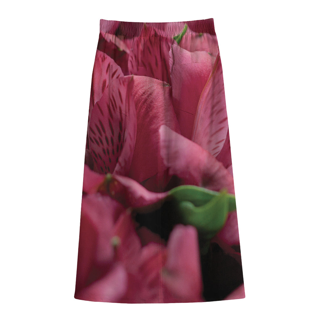 Burgundy Alstroemeria Print Cotton Front Slit Maxi Skirt