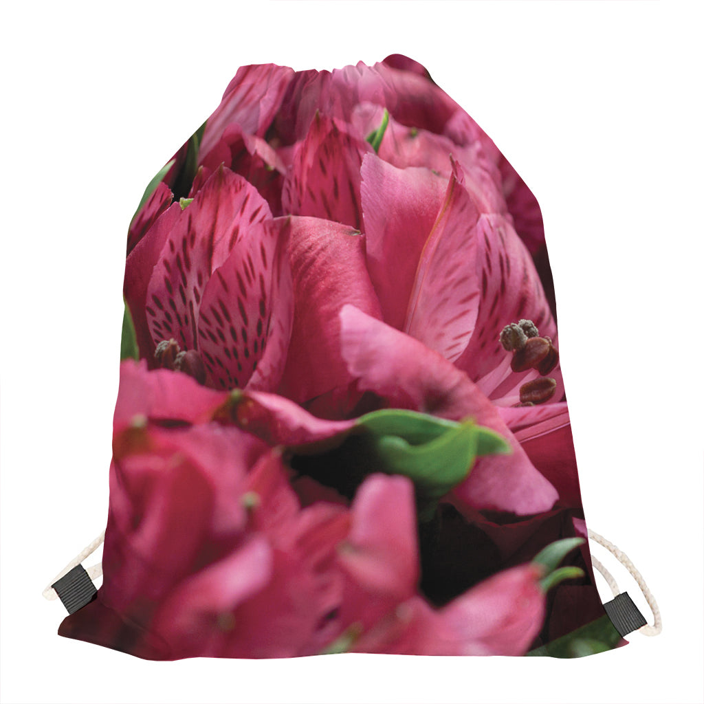 Burgundy Alstroemeria Print Drawstring Bag