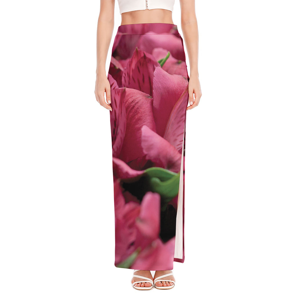 Burgundy Alstroemeria Print High Slit Maxi Skirt