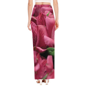 Burgundy Alstroemeria Print High Slit Maxi Skirt