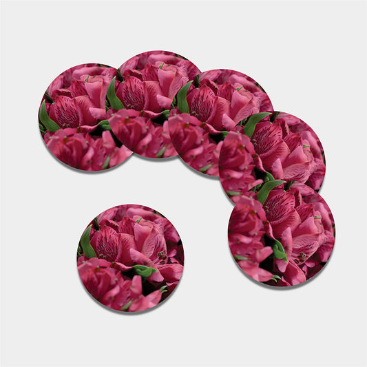Burgundy Alstroemeria Print Leather Coaster Set