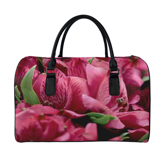 Burgundy Alstroemeria Print Leather Duffle Bag