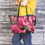 Burgundy Alstroemeria Print Leather Tote Bag