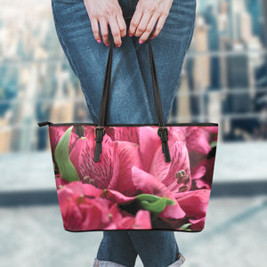 Burgundy Alstroemeria Print Leather Tote Bag