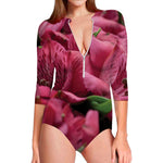 Burgundy Alstroemeria Print Long Sleeve Swimsuit