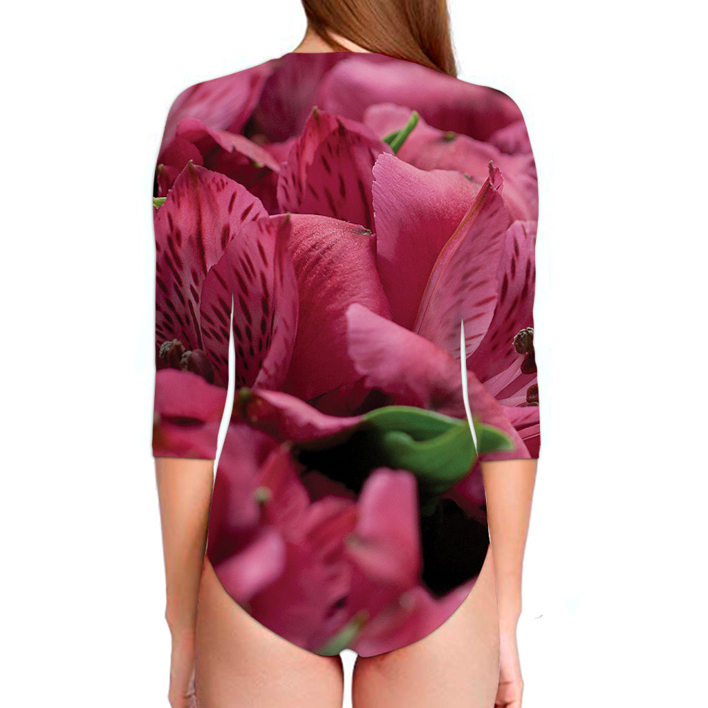 Burgundy Alstroemeria Print Long Sleeve Swimsuit