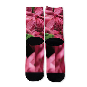 Burgundy Alstroemeria Print Long Socks