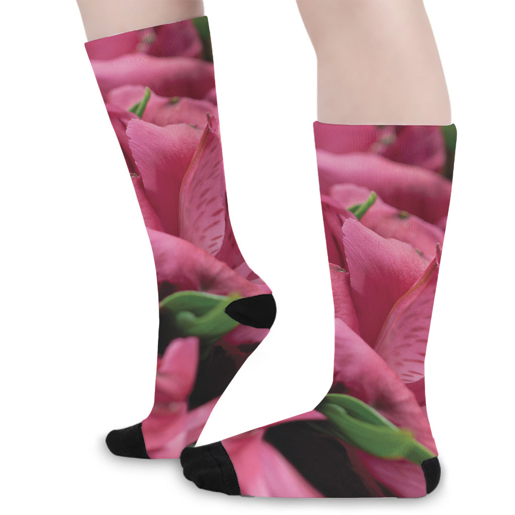 Burgundy Alstroemeria Print Long Socks