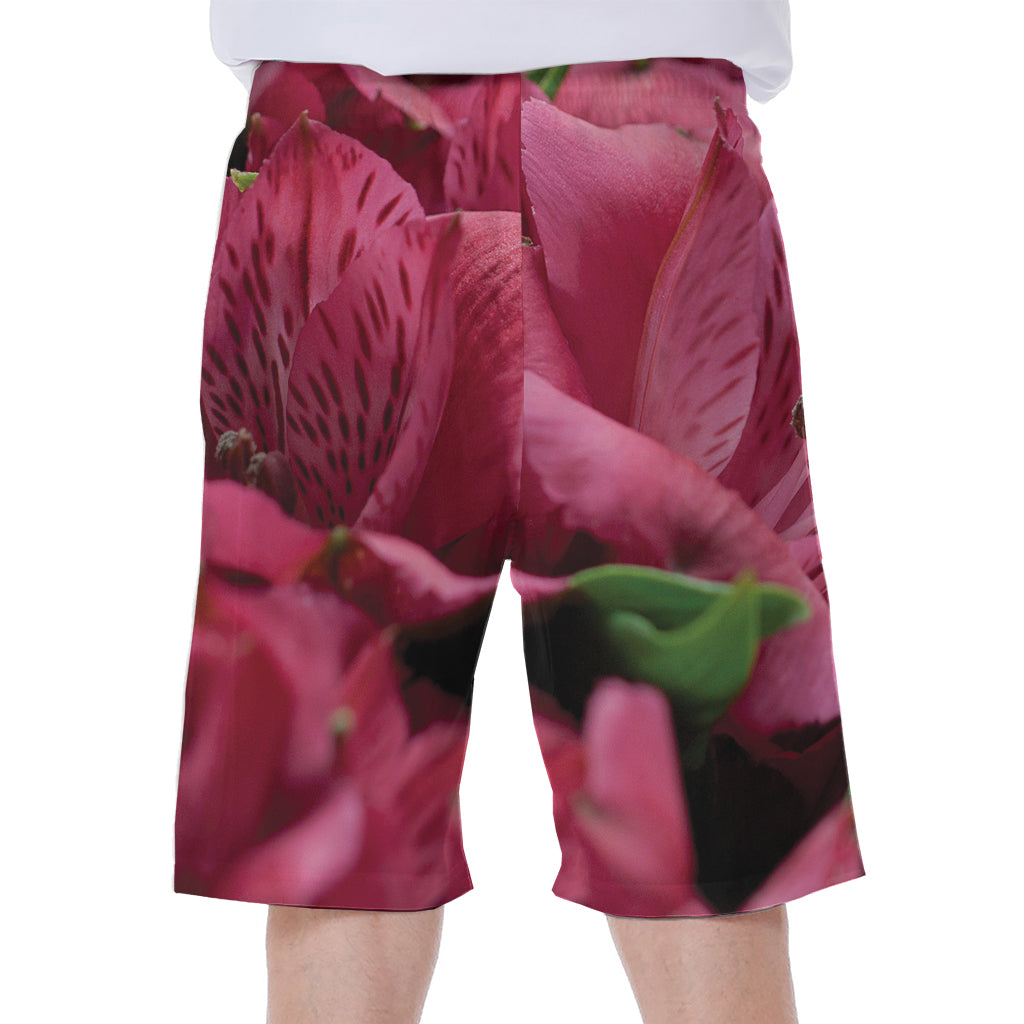 Burgundy Alstroemeria Print Men's Beach Shorts