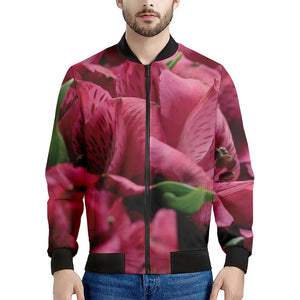 Burgundy Alstroemeria Print Men's Bomber Jacket