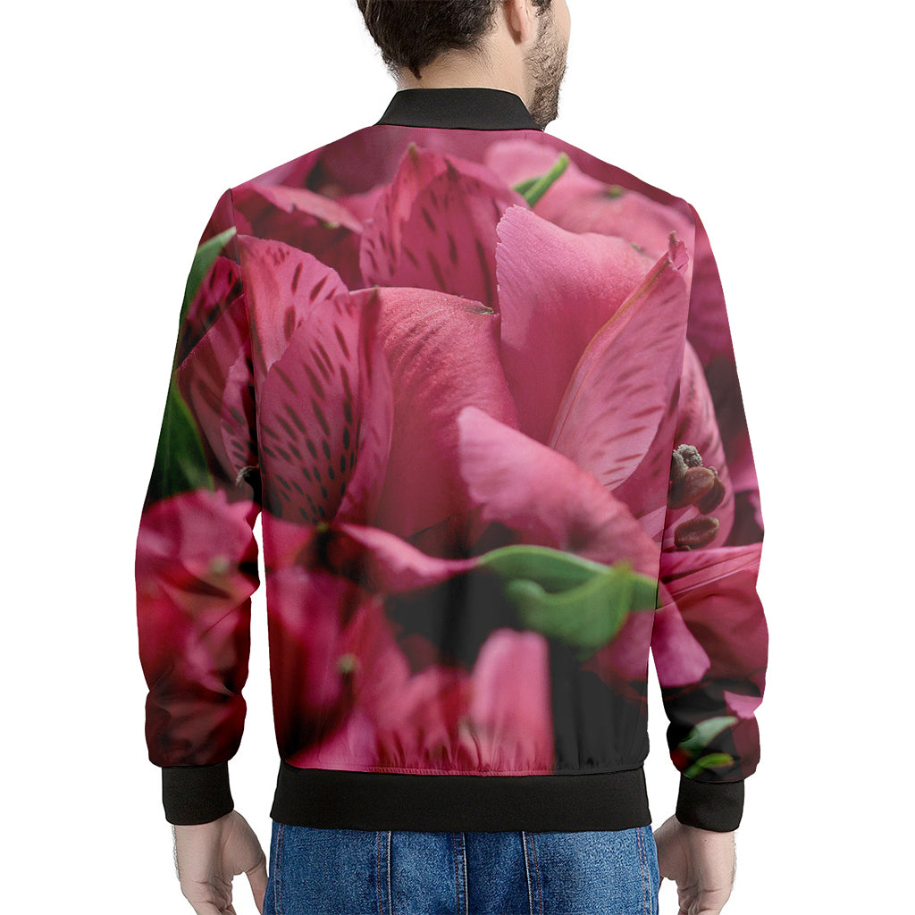 Burgundy Alstroemeria Print Men's Bomber Jacket