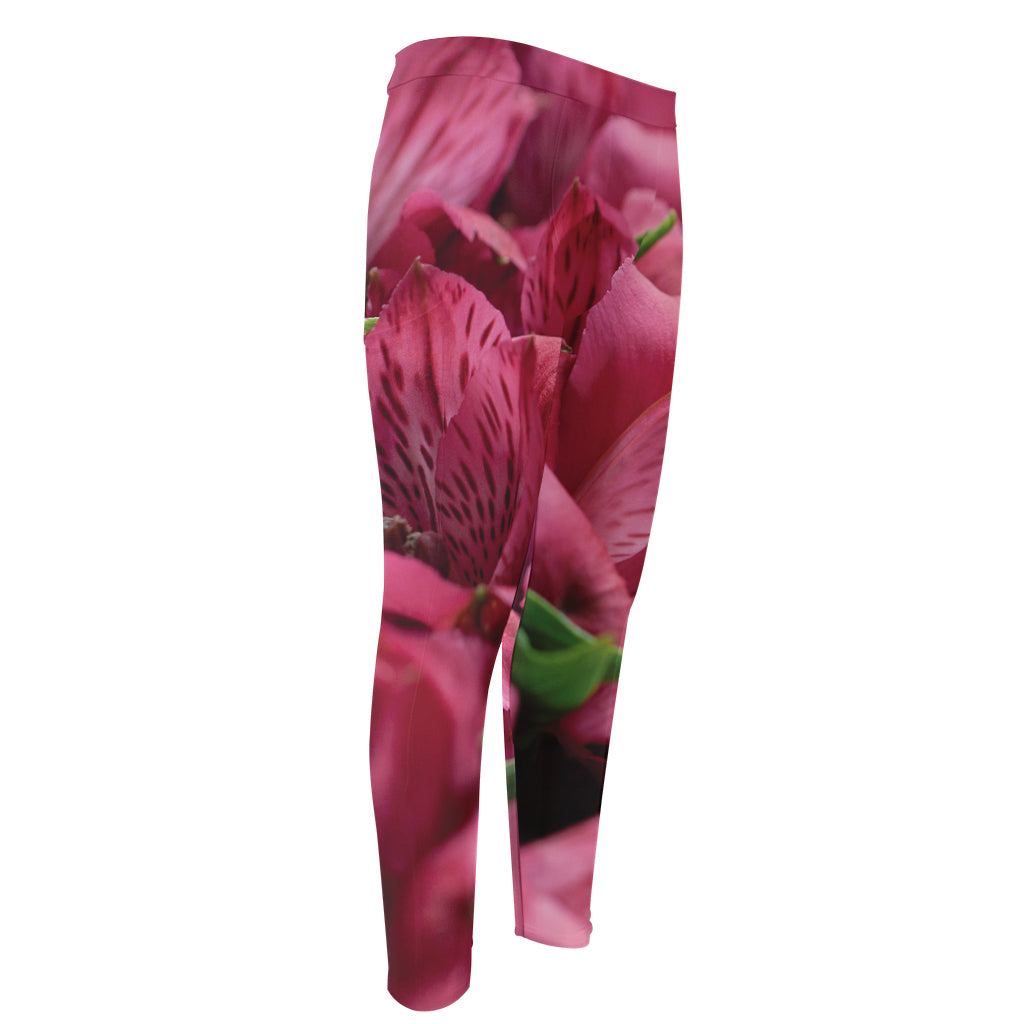 Burgundy Alstroemeria Print Men's Compression Pants