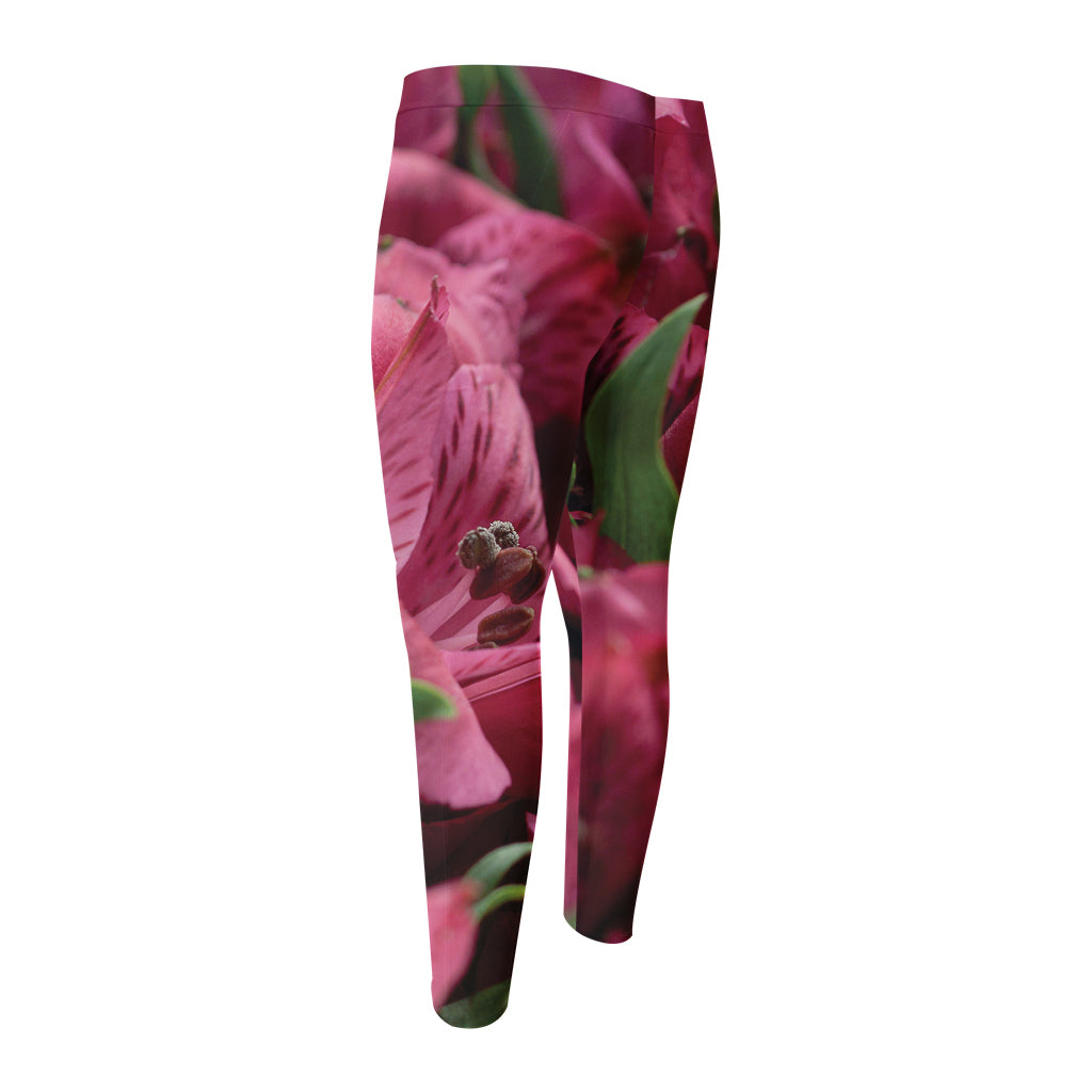 Burgundy Alstroemeria Print Men's Compression Pants