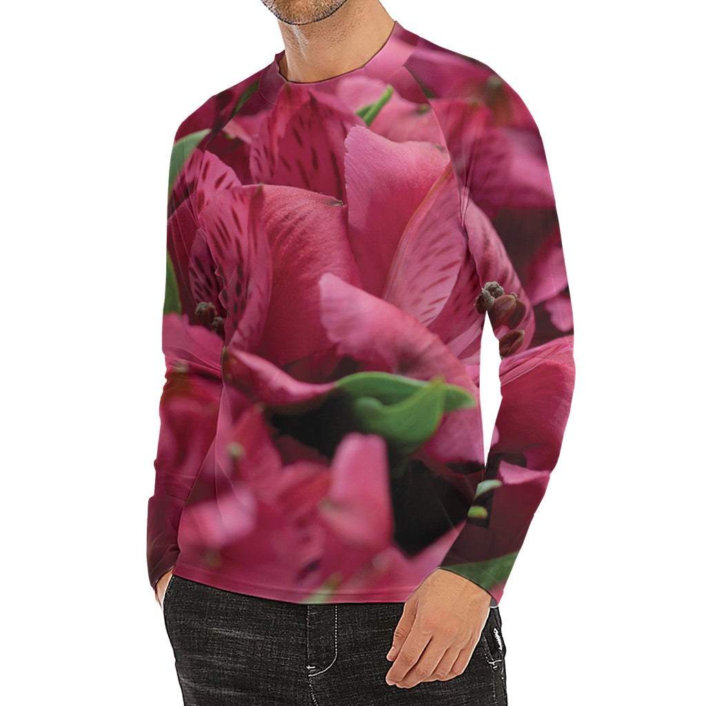 Burgundy Alstroemeria Print Men's Long Sleeve Rash Guard