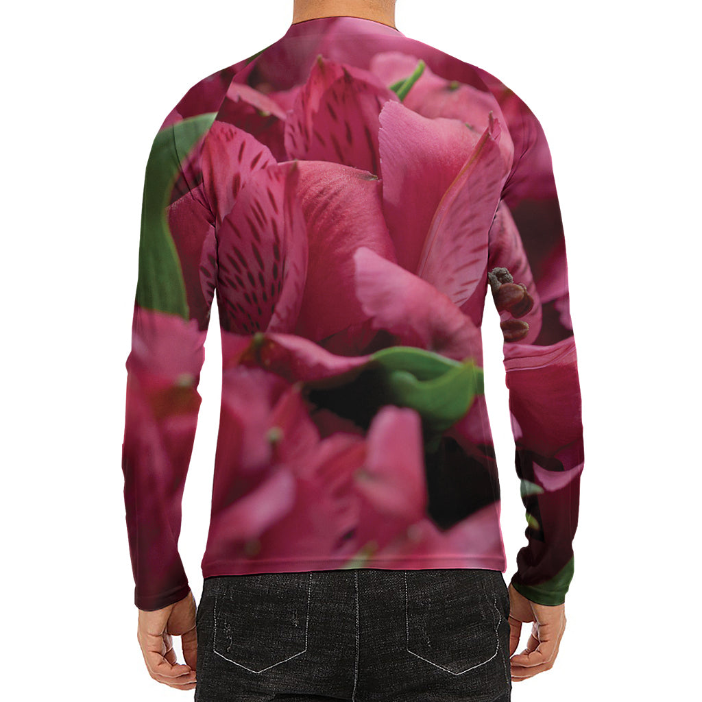 Burgundy Alstroemeria Print Men's Long Sleeve Rash Guard