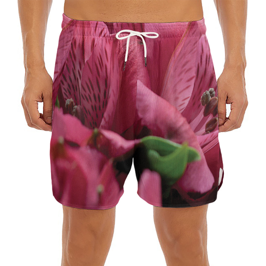 Burgundy Alstroemeria Print Men's Split Running Shorts