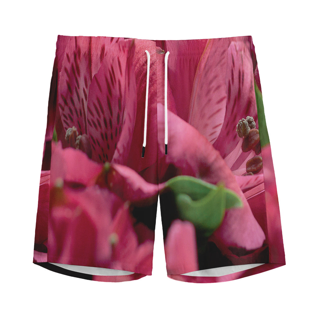 Burgundy Alstroemeria Print Men's Sports Shorts