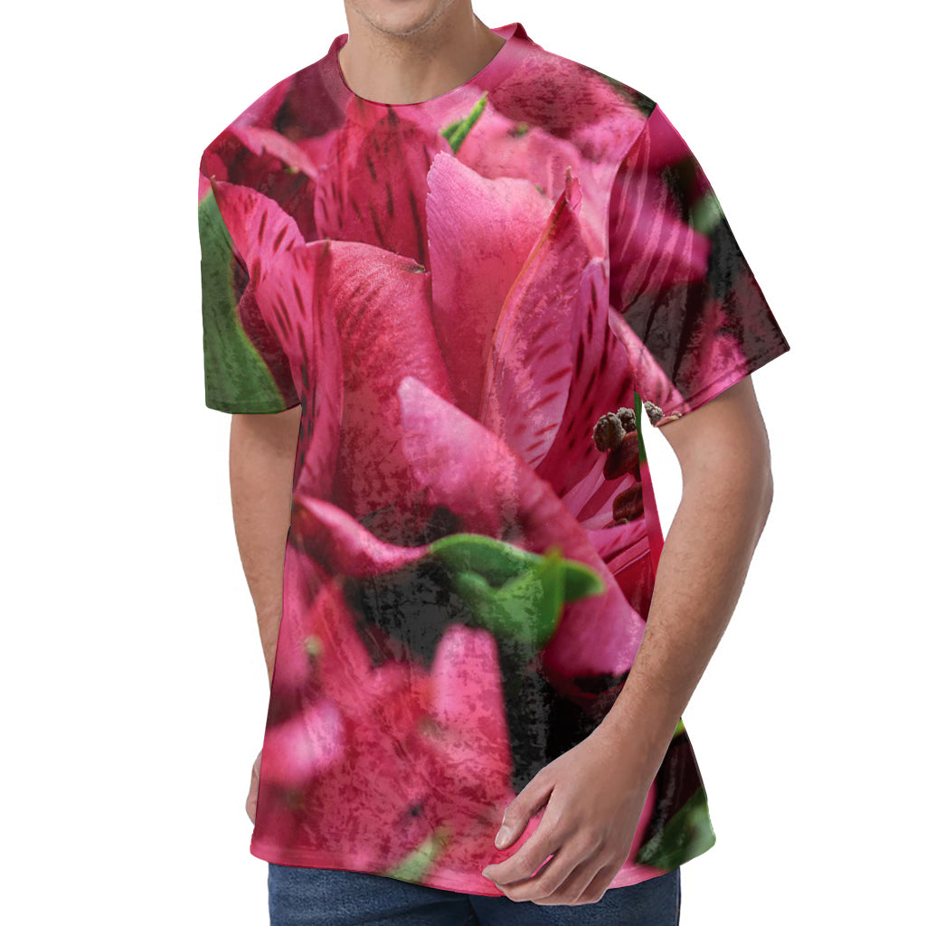 Burgundy Alstroemeria Print Men's Velvet T-Shirt