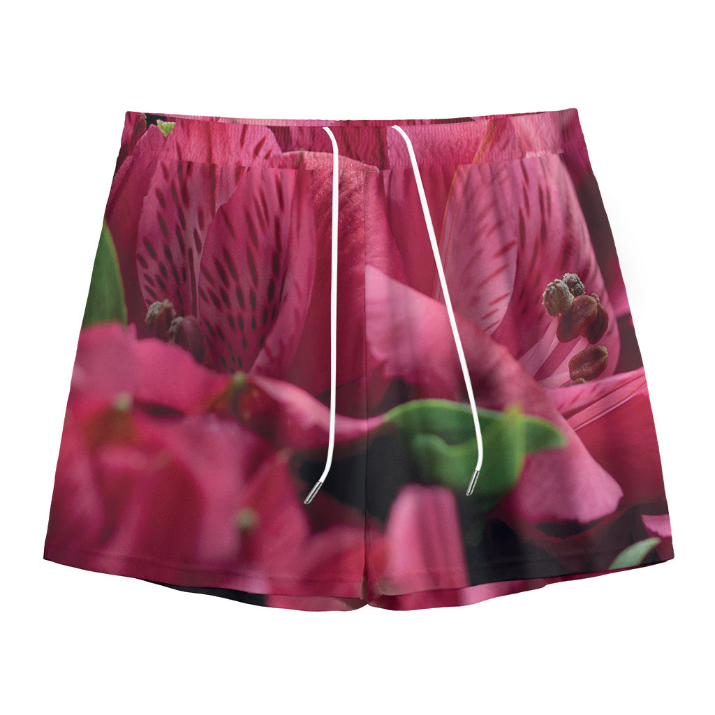 Burgundy Alstroemeria Print Mesh Shorts