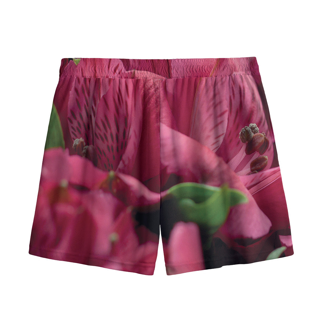 Burgundy Alstroemeria Print Mesh Shorts