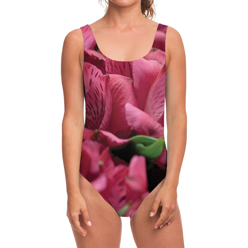 Burgundy Alstroemeria Print One Piece Swimsuit