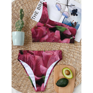 Burgundy Alstroemeria Print One Shoulder Bikini Top