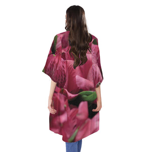 Burgundy Alstroemeria Print Open Front Beach Cover Up