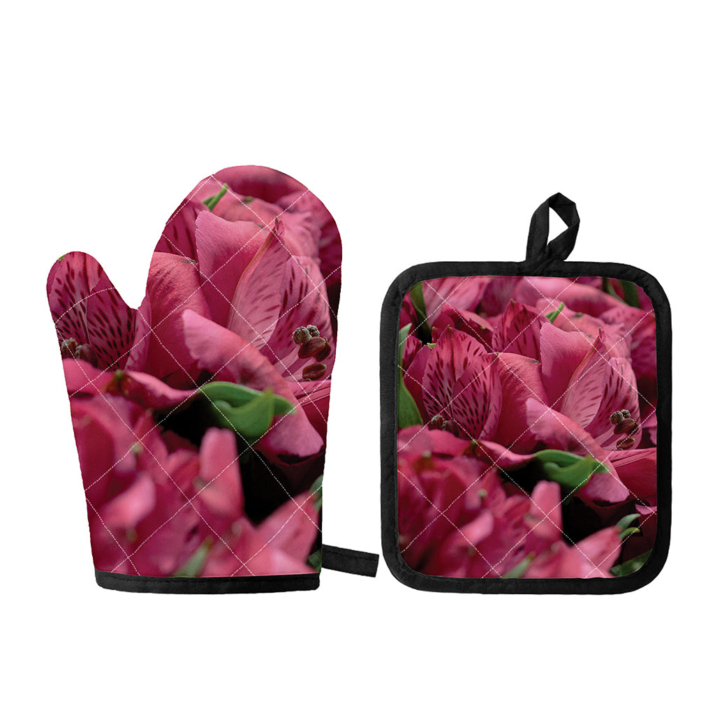 Burgundy Alstroemeria Print Oven Mitt And Pot Holder Set
