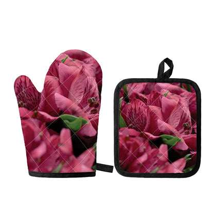 Burgundy Alstroemeria Print Oven Mitt And Pot Holder Set