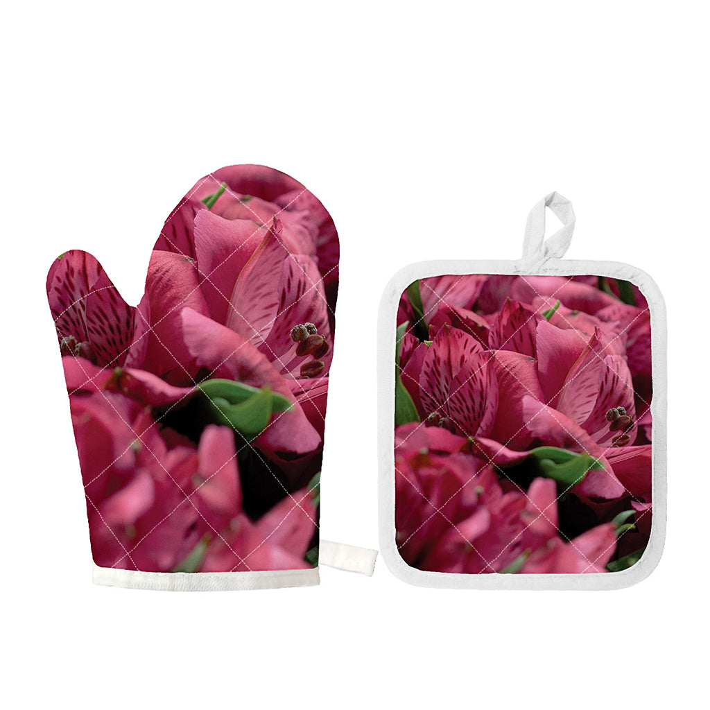 Burgundy Alstroemeria Print Oven Mitt And Pot Holder Set