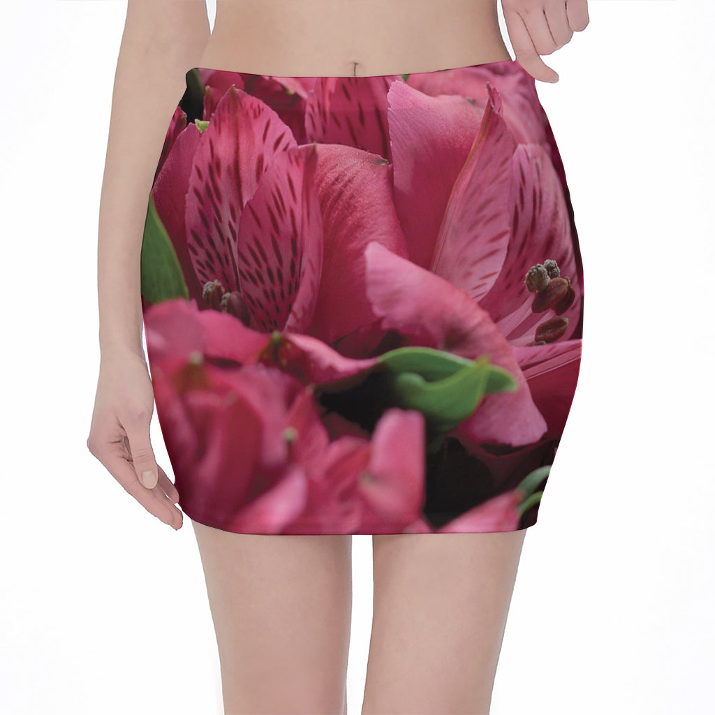 Burgundy Alstroemeria Print Pencil Mini Skirt