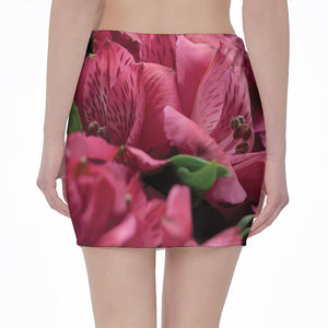 Burgundy Alstroemeria Print Pencil Mini Skirt