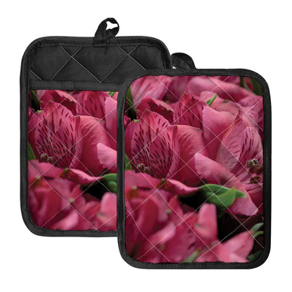 Burgundy Alstroemeria Print Pot Holders With Pocket