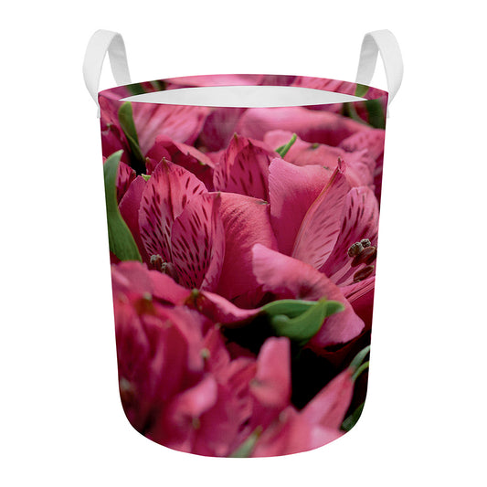 Burgundy Alstroemeria Print Round Laundry Basket