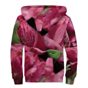 Burgundy Alstroemeria Print Sherpa Lined Zip Up Hoodie