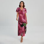 Burgundy Alstroemeria Print Short Sleeve Maxi Dress