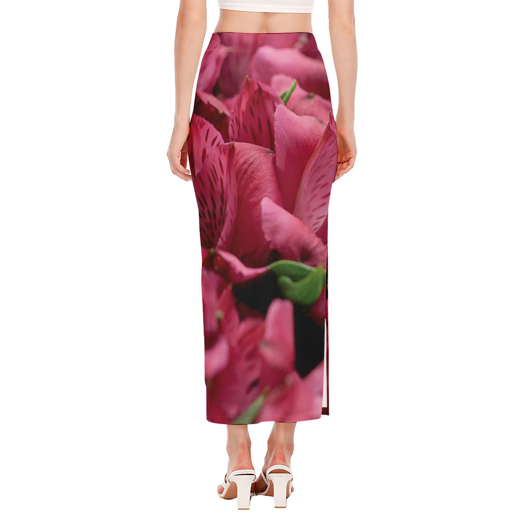 Burgundy Alstroemeria Print Side Slit Maxi Skirt