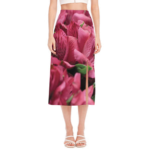 Burgundy Alstroemeria Print Side Slit Midi Skirt