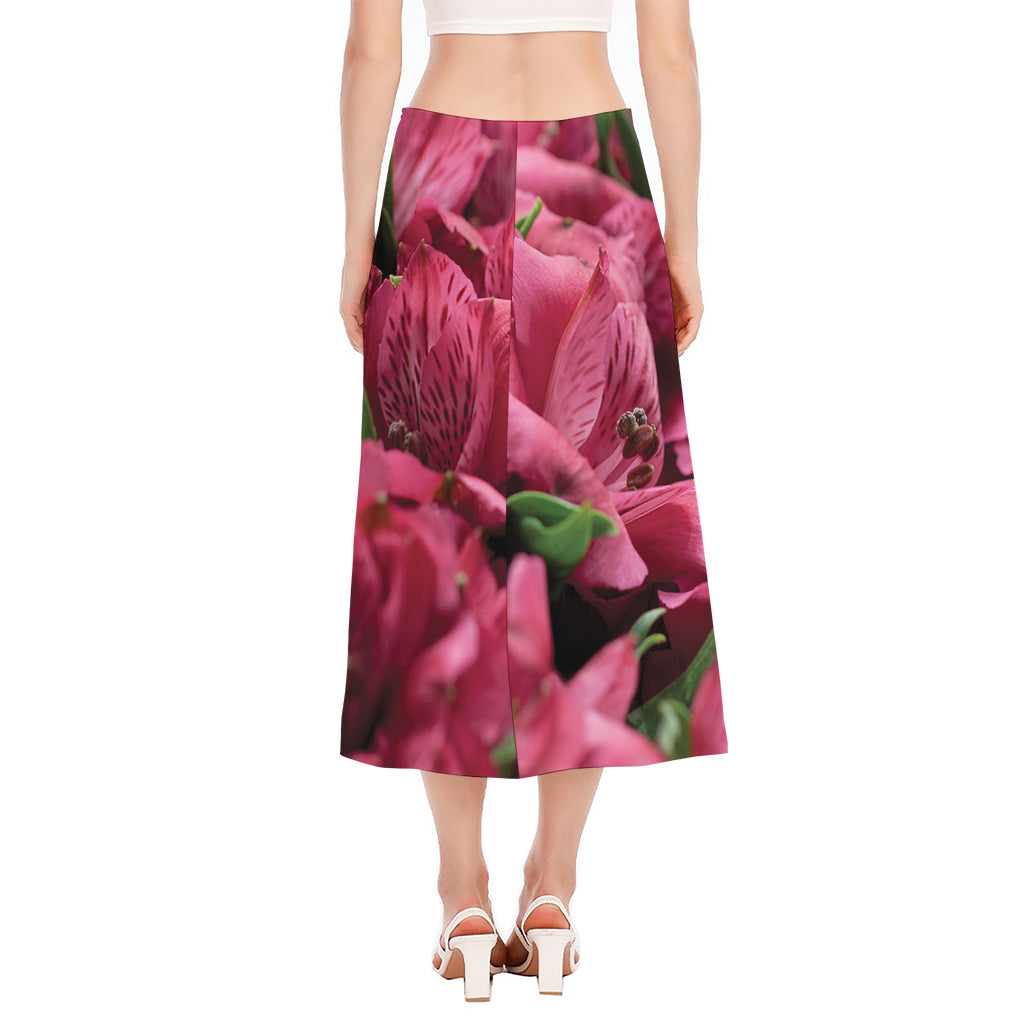 Burgundy Alstroemeria Print Side Slit Midi Skirt