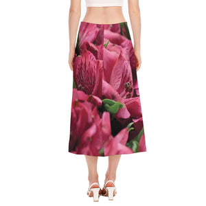 Burgundy Alstroemeria Print Side Slit Midi Skirt