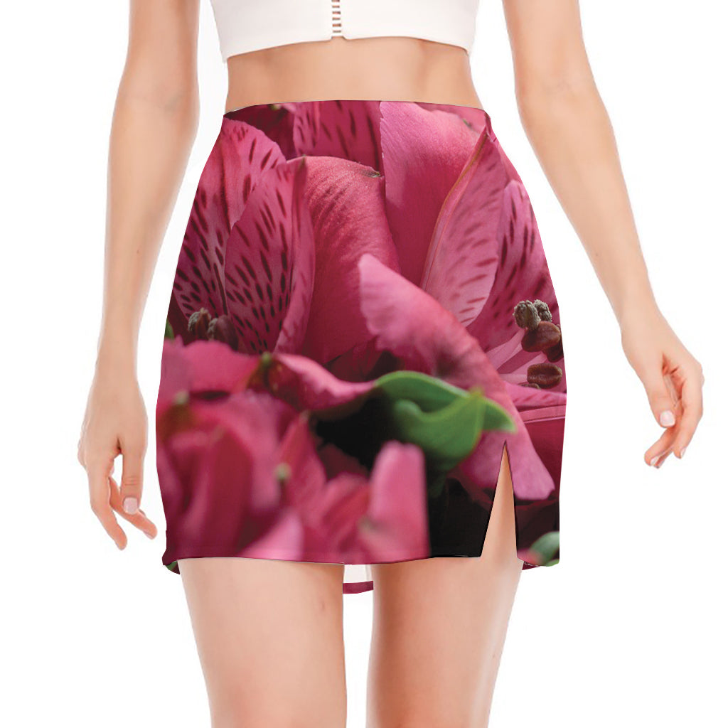 Burgundy Alstroemeria Print Side Slit Mini Skirt