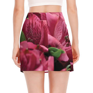 Burgundy Alstroemeria Print Side Slit Mini Skirt