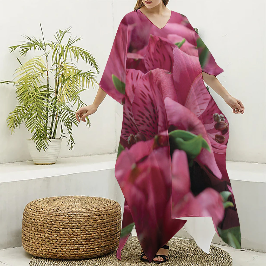 Burgundy Alstroemeria Print Silk V-Neck Kaftan Dress